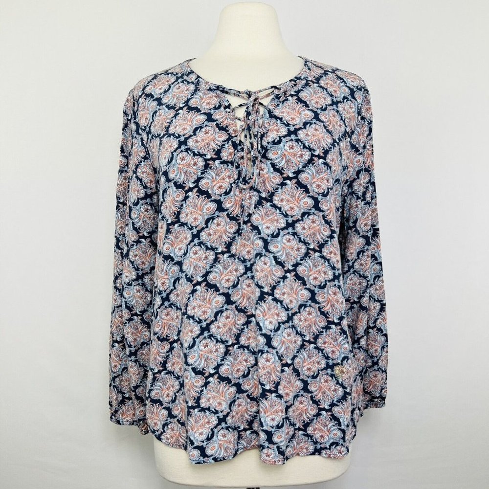 Daniel Rainn Womens L Top Blue Coral Tie Neckline Floral Elastic Cuff #C